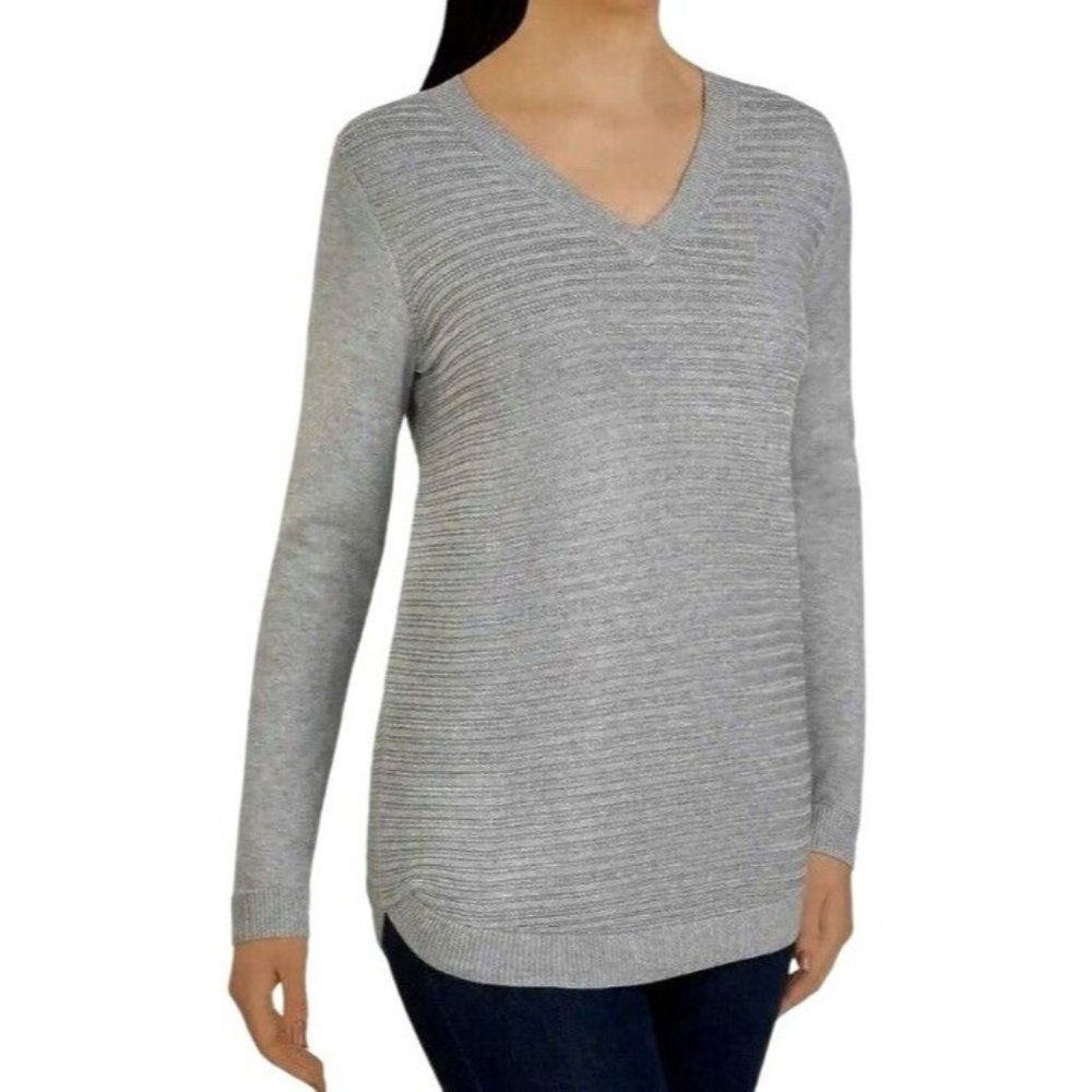 Hilary Radley Sweater Womens XL Viscose Knit Tunic Gray Ribbed Vneck LS Pullover